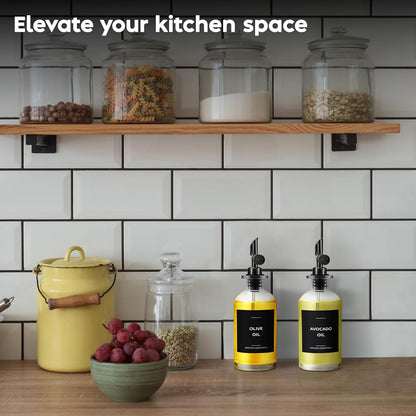 Olive Oil Dispenser Bottle - Includes 55 Kitchen Essential Labels - Cooking Oil Bottles for Kitchen, Coffee Syrup Dispenser - Pourer Spout with 11.8 fl oz Glass Container Cruet - 4pcs, Black