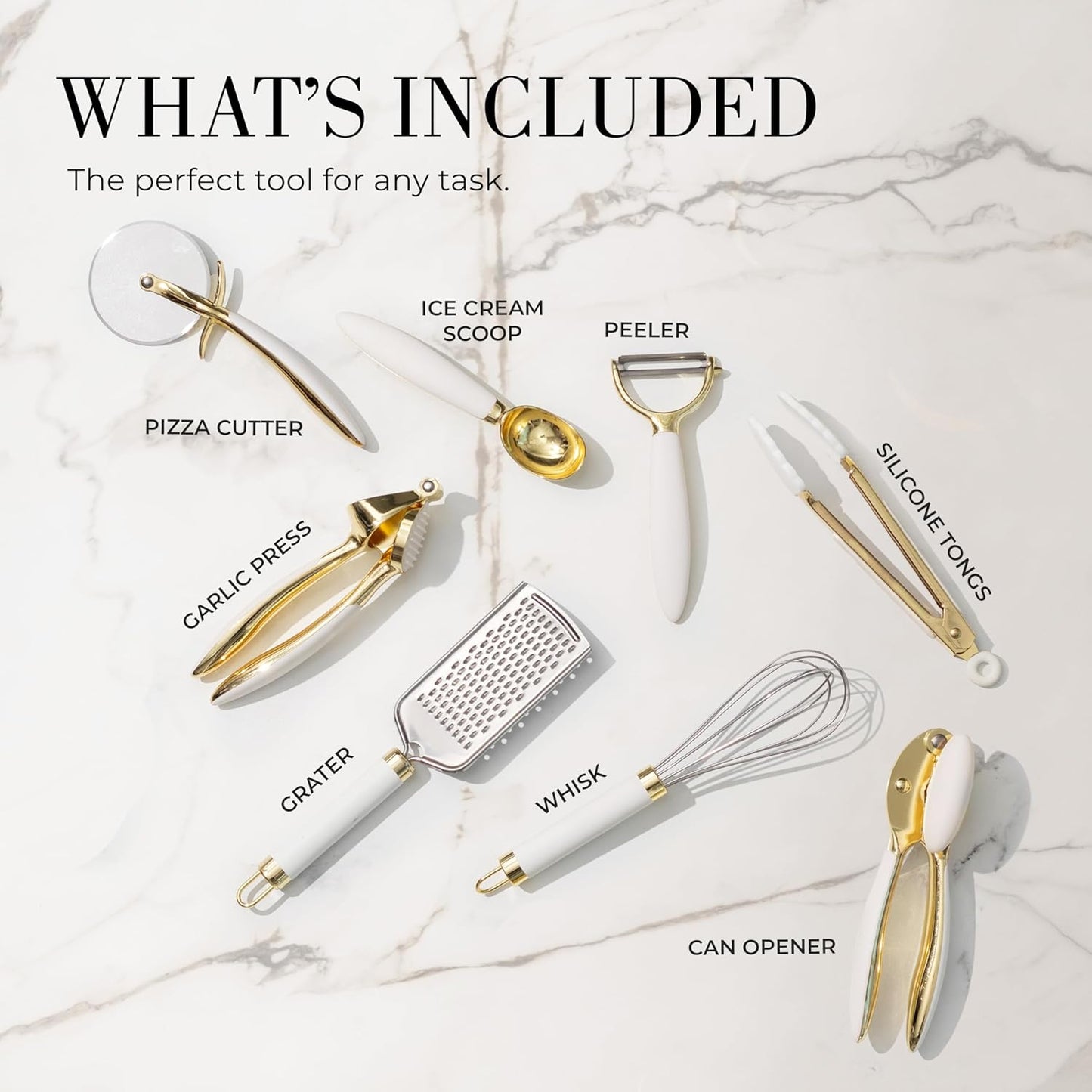 White & Gold Cooking Utensils Set - Luxe 8-Piece Kitchen Gadget Set Includes Can Opener, Tongs and Garlic Press - Stylish White and Gold Kitchen Accessories for Modern Kitchens, Ideal for Gifting