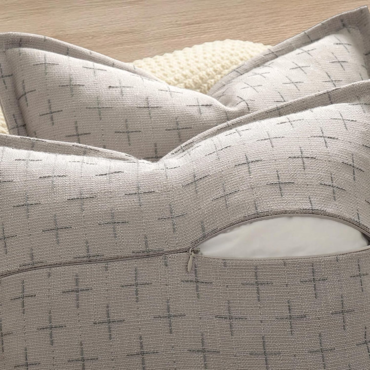 Pillow Covers 24x24 Set of 2 Soft Polyester Textured Pillow Covers with Stylish Flange Edge Cozy Farmhouse Throw Pillows for Couch Bed Sofa Living Room