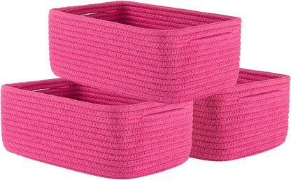 Small Woven Basket, 12 x 8 x 4.5 Inches, Storage Basket for Organizing, Cute Small Rope Shelf Closet Cube Storage Bins Baskets for Shelves, Dog Toy Gift Baskets Empty, 3 Packs, Hot Pink