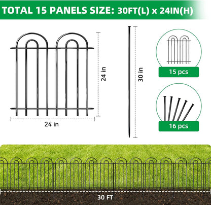 15 Panels Decorative Garden Fence, 24 in(H) X 30 ft(L) No Dig Dog Fence Outdoor for Yard, Rustproof Metal Garden Fencing Animal Barrier Border with Ground Stakes, Temporary Fencing for Patio Outdoor