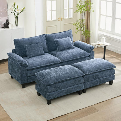 URRED Modular Sectional Sofa Comfy Cloud Couch, Modern Chenille Sofa Sleeper Deep Seat Couches with Ottoman/Pillows for Living Room (Blue, 82.6''- 2 Ottomans)