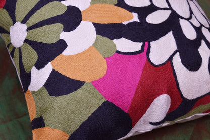 Black Daisy Floral Pillow Cover Flower Pillowcase Outdoor Suzani Accent Cushion Traditional Chair Cushions Hand Embroidered Wool Size - 18x18