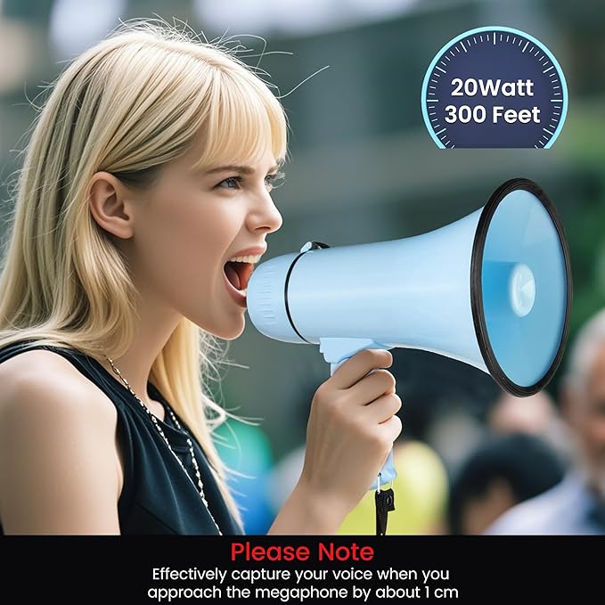 Portable Megaphone 20 Watt Power Megaphone Speaker Bullhorn Voice and Siren/Alarm Modes with Volume Control and Strap (Light Blue)