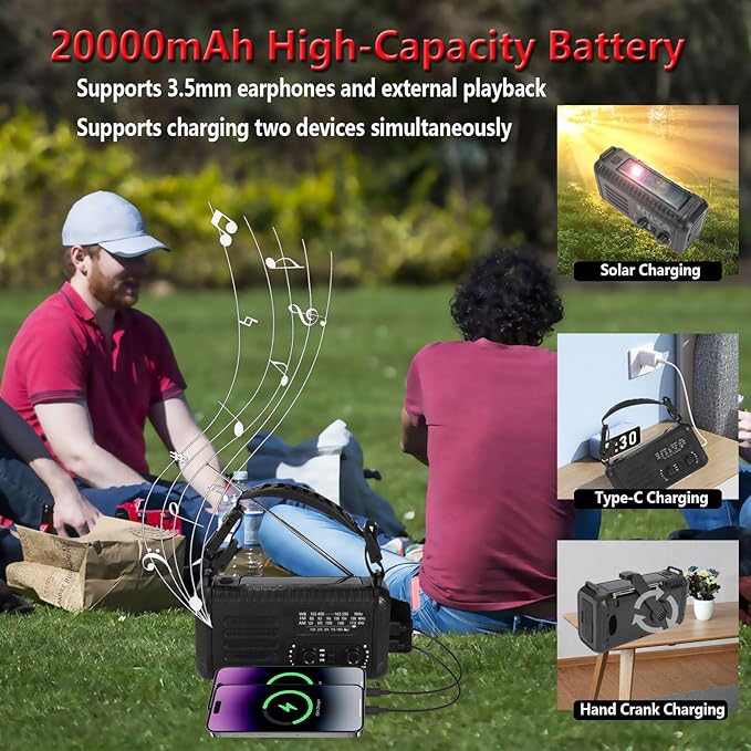 20000mAh/ 74000mWh Hand Crank Emergency Radio, AM/FM/NOAA Weather Radio, Battery Powered Solar Radio with USB Phone Charger, Reading Lamp Flashlight & SOS for Emergency (Black)