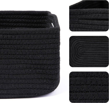 Small Storage Baskets for Organizing | Closet Organizer Bins | Shelf Toy Basket | Woven Rope Baskets | Cube Decorative Box | Shallow Basket | 13x8.5x5.1” | 4 Packs Black