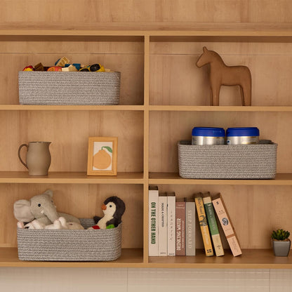 Large Shallow Organizing Baskets 15x11x5.1 Inches - Rope Woven Storage Bins for Bathroom, Shelves, Cube Closet, Mixed Grey 2 Packs