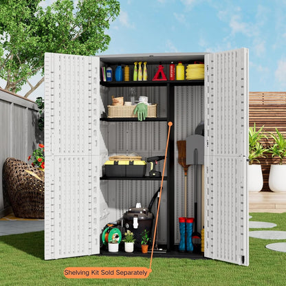 ZZM Resin Outdoor Storage Shed, 67 Cu.ft Vertical Resin Tool 4x6 FT Cabinet w/o Shelf for Garden, Patio, Backyard, All-Weather Outdoor Plastic Storage Clearance, Lockable with Floor (Light-White)