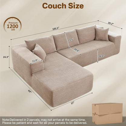 104" Cloud Sectional Couches for Living Room,L Shaped Boneless Couch in A Box,Sleeper Sofa with Comfy Chaise No Assembly Required,Camel
