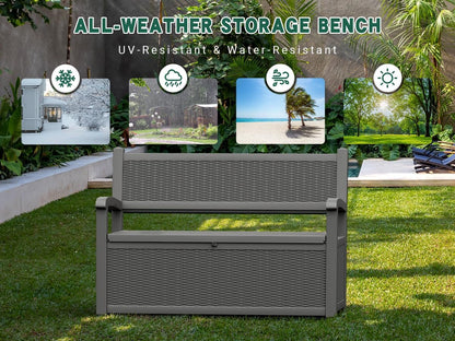 70 Gallon Outdoor Storage Bench Deck Box Lockable for Patio Furniture, Outdoor Porch Bench with Storage Waterproof for Cushions, Garden Tools and Pool Supplies, Grey