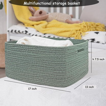 COMFY-HOMI Cotton Rope Woven Basket with Handles for Shelves,Toys,Book, Cloth Storage Baskets for Organizing-17" x 13" x 7.5" Toy Decorative Organizer for Living Room, Bathroom （Green）