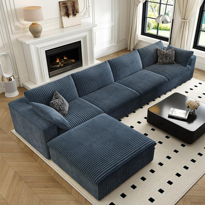 157.5" Cloud Couch Modular Sectional Sofa for Living Room,Modern Sofa with Deep Seat，L-Shape Boneless Couch with Ottoman,Comfy Upholstered Corduroy Couches for Apartment, Studio, Office,Bedroom，Blue