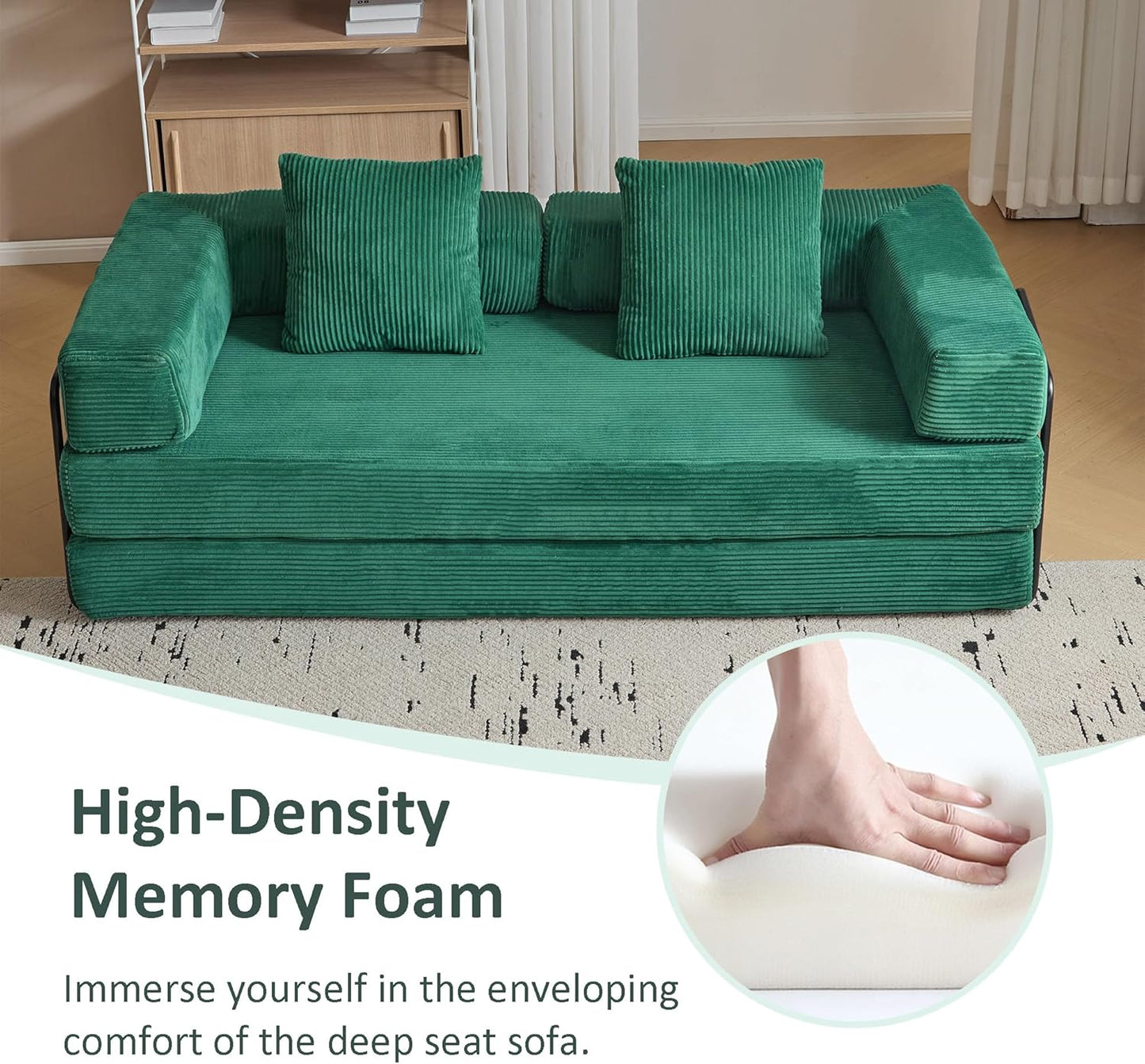 Convertible Sleeper Sofa Bed, Compression Folding Sofa with Pillow, No Assembly Required, Shape Frame, Floor Sofas Lounge Couch for Living Room, Bedroom, Small Spaces(Corduroy, 77''W, Dark Green)