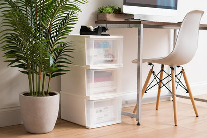 IRIS USA 17 Qt. Plastic Drawer Storage Organizer Stacking Drawers, 4-Pack, Stackable Unit with Sliding Drawer for Clothes Bedroom Kitchen Under Sink Pantry Craft Room Bathroom Dorm Office, White