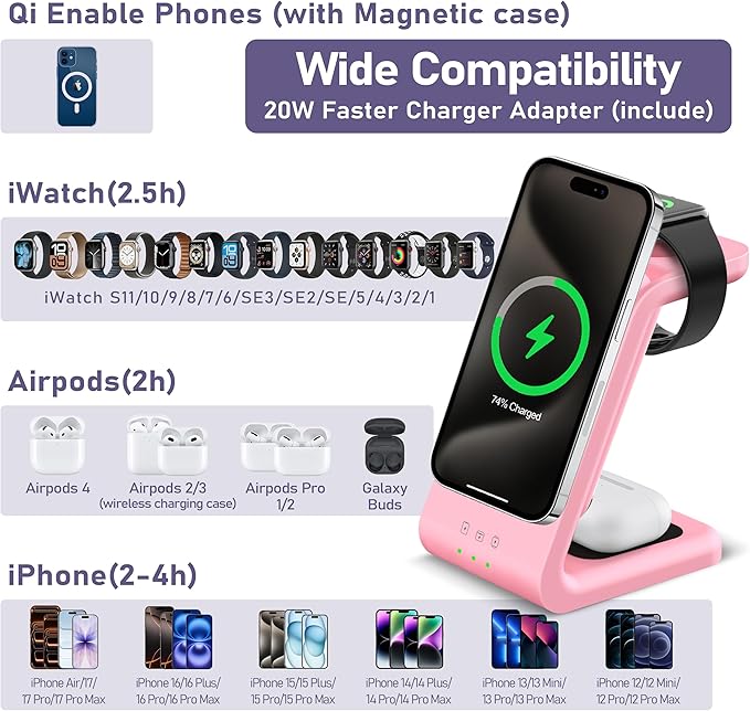 3 in 1 Wireless Charging Station: 5000mAh Removable Power Bank Charger Stand for Phone/Watch/Air Pods - Portable Magnetic Battery Pack for Air 17 16 15 14 13 12 Series Pink