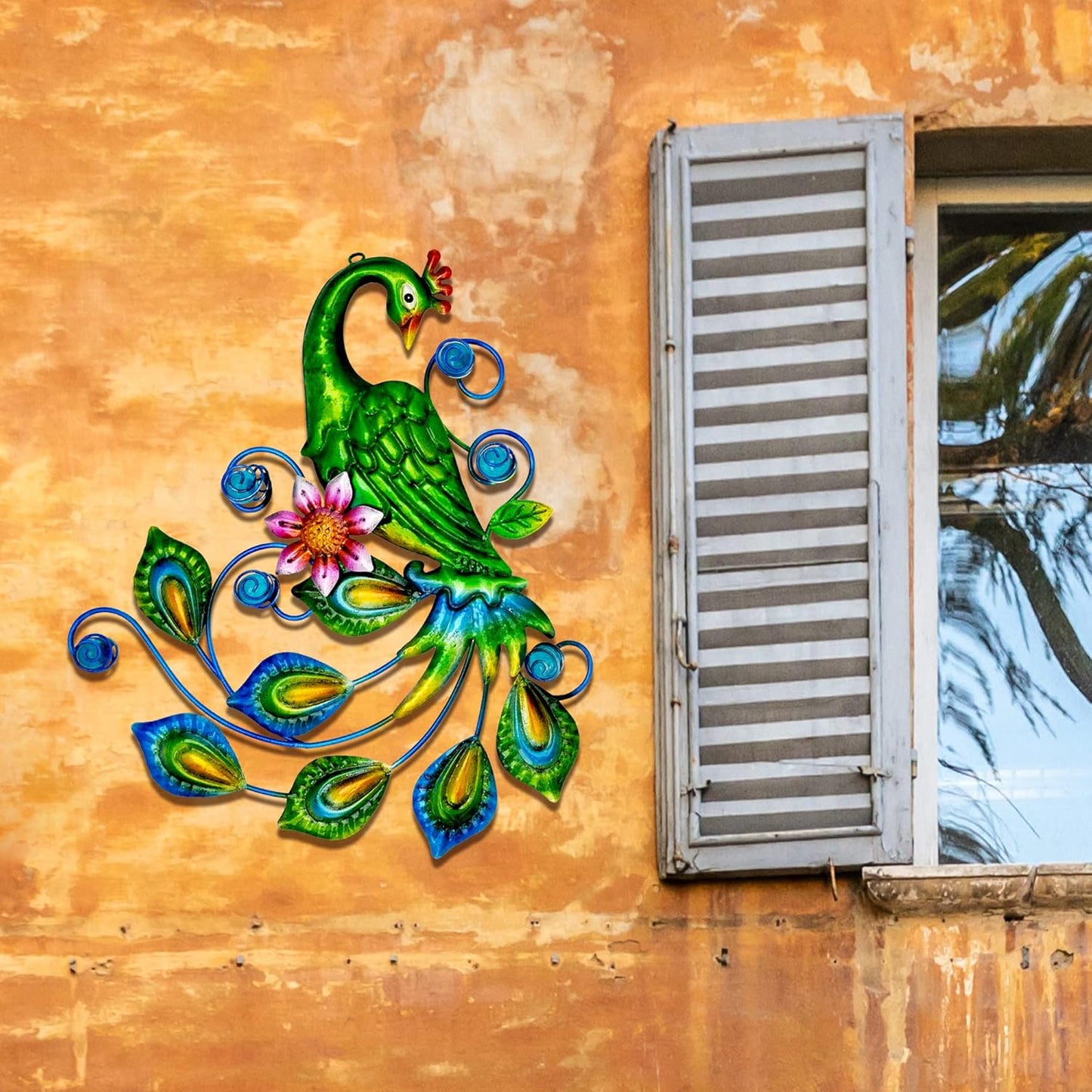 J-Fly Metal Peacock Wall Art - Tropical Outdoor Metal Bird Wall Decor - 11 Inch