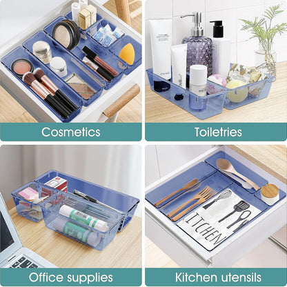 WOWBOX 25 PCS Plastic Drawer Organizer Set, 4 Sizes Desk Drawer Divider Organizers and Storage Bins for Makeup, Jewelry, Gadgets for Kitchen, Bedroom, Bathroom, Office, Clear Dark Blue
