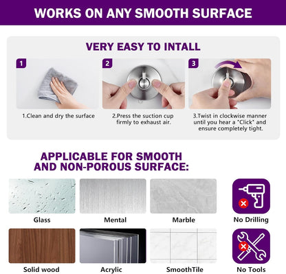 JOMOLA Brushed Stainless Steel Shower & Bathroom Hooks - No Drill Adhesive-Free Suction Cup Hardware, Rustproof Waterproof Metal Wall Mount for Towel Robe, Damage-Free (2-Pack)