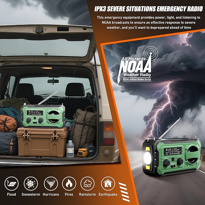 Hand Crank Emergency Radio, 10000mAh Weather Radio with AM/FM/NOAA, Solar Prower, SOS Alarm, Phone Charging, LED Flashlight, Portable Survival Gear for Outdoor & Home Emergencies Kits, Light Green