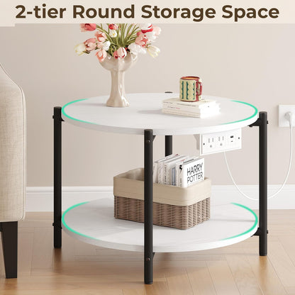 LIKIMIO Side Table, 23.6" W Round End Table with Charging Station, Modern Wooden Nightstand for Small Spaces, Living Room, Bedroom, White