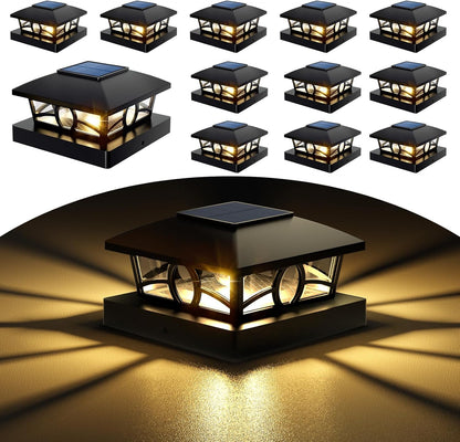 NIORSUN Solar Post Lights Outdoor, Fence Post Solar Lights Warm White Outdoor Waterproof Edison LED Bulbs Garden Patio Fence Deck Decor, 4x4 Post Caps Wood Vinyl, Black 12 Pack