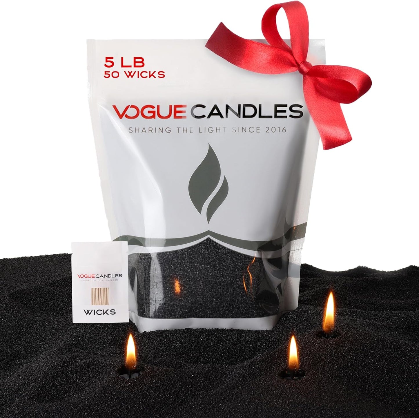 Vogue Candles 5LB Candle Sand with 50 Wicks | Bulk Refillable Plant-Based Granules for Custom Candle Making | Unscented, Clean Burn, Smoke-Free, Vegan Candle Refill Kit- Black