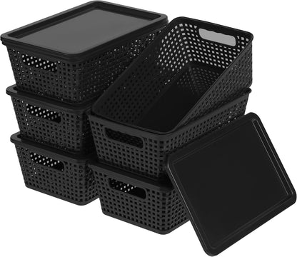 Plastic Storage Baskets With Lid, Storage Bins for Organizing, Stackable Decorative Containers for Shelves Drawers Desktop Closet Playroom Classroom Office, 6 Pack-Black
