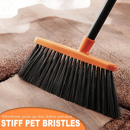 Small Broom Stiff Bristles Brush with Long Handle Indoor or Outdoor Compact Broom for Sweeping Patio Garage Garden,Deck,Concrete Floor,Bathroom (Orange)