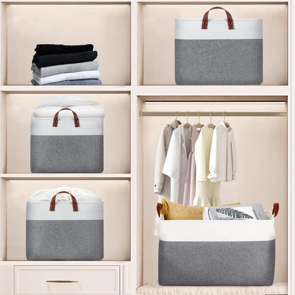 DULLEMELO Extra Large Storage Basket for Organizing, 70L Oversized Storage Bin Foldable Canvas Fabric Blanket Basket, 22" x 15" x 13" Large Kids Toy Basket Organizer with Handles (White&Grey)