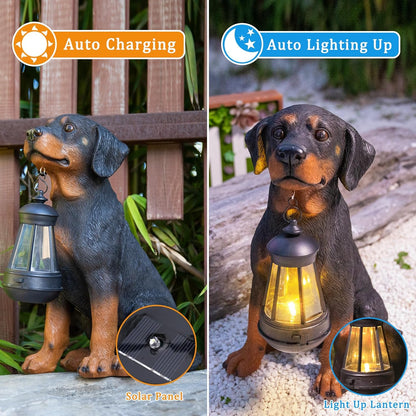 Garden Dog Statues Outdoor Decor, 13" Solar Powered LED Lights Outdoor Statue Garden Decorations Rottweiler Figurine for Patio, Lawn, Yard Art Decoration, Housewarming Garden Gift