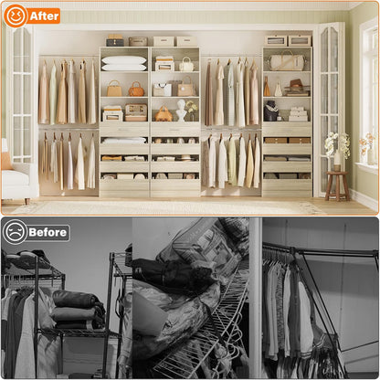 Aheaplus Closet System with 12 Drawers, 8.5-11.5Ft Wood Closet Organizer System with 4 Hanging Rods & 3 Towers, 4Ft & 6Ft L-Shaped Walk-in Closets Wardrobe Organizer Clothes Rack, Set of 3, White Oak