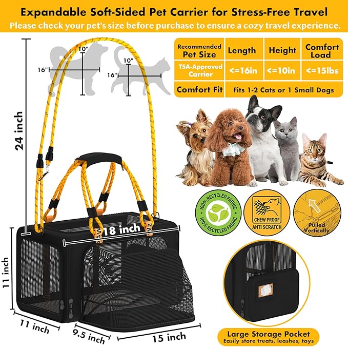 PAWZIDEA Expandable Pet Carrier Airline Approved, 18"×11"×11" Small Dog Carriers, Collapsible Top-Load Cat Carrier for 2 Cats Under Seat, Soft-Sided Puppy & Animal Travel Bag, ID Card, Up to 15lbs