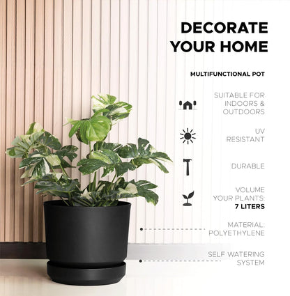 Elly Décor 8 inch Plastic Cylinder Planter Pot with Self-Watering Saucer and Drainage Hole,Lightweight & Extremely Durable, 8"x 8", Black