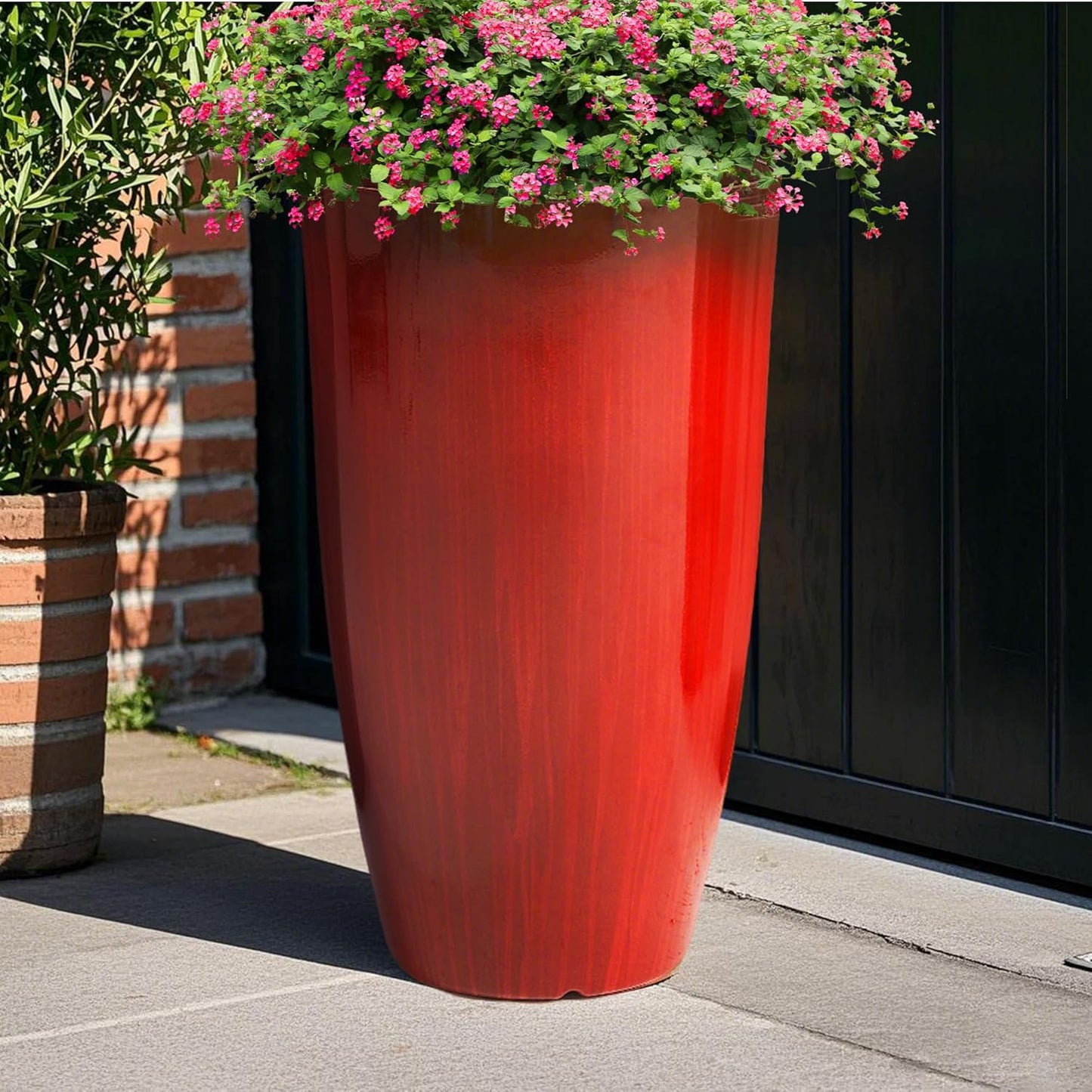 Worth Garden 23.5" H. Large Plastic Planters - Set of 2 Gradient Red Glossy Smooth Finish - Tall Plant Pots for Indoor & Outdoor Use - Decorative Lightweight Flower Pots for Front Porch, Patio, Deck