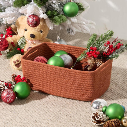 Small Storage Baskets for Organizing | Closet Organizer Bins | Shelf Toy Basket | Woven Rope Baskets | Cube Decorative Box | Shallow Basket | 13x8.5x5.1” | 3 Packs Oxide Red