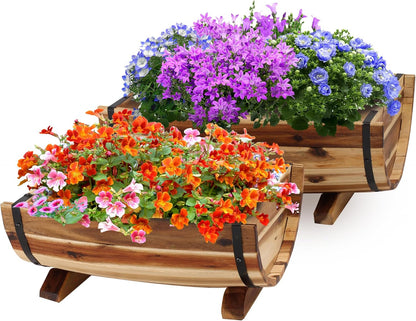 IDZO Solid Acacia Wood Half Barrel Planters Outdoor Set of 2 Different Sizes, Wooden Planters for Outdoor Plants with Metal Bands & Drainage Holes, Legs Included, Natural