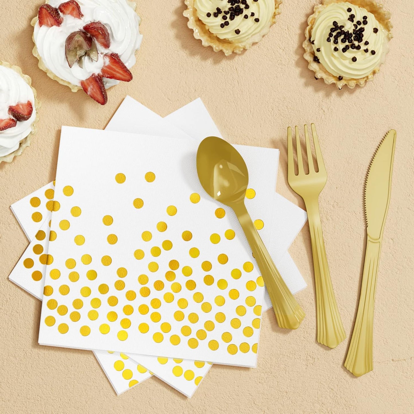 White and Gold Party Supplies, 350PCS Disposable Dinnerware Set w/White Paper Plates Napkin Cups Plastic Forks Knives Spoon for Women Men Birthday Christmas Retirement New Year Eve 2025 Decorations
