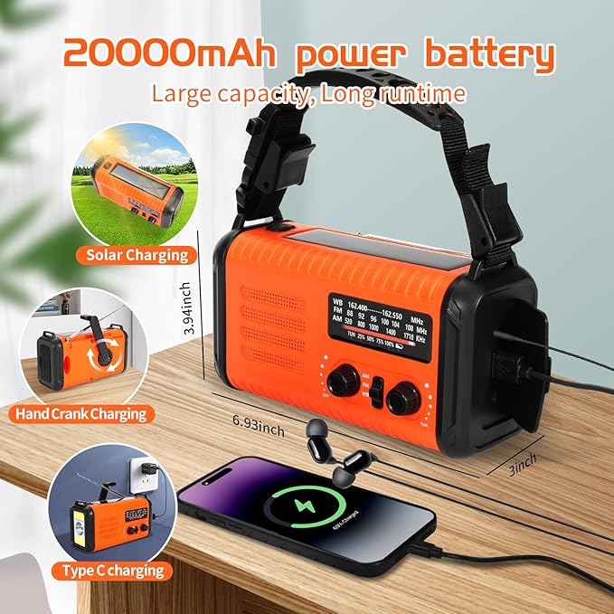 Emergency Weather Radio, 20000mAh Solar Radio, Hand Crank Radio with AM/FM/NOAA, Portable Radios with Flashlight & Reading Lamp, Earphone Jack, SOS Alarm, Phone Charger for Indoor Outdoor Emergencies