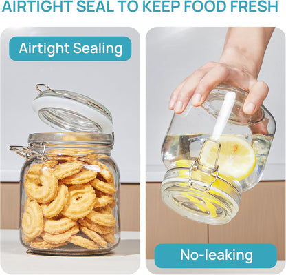 Vtopmart 34oz Glass Food Storage Jars with Airtight Clamp Lids, 3 Pack Kitchen Canisters for Flour, Cereal, Coffee, Pasta and Canning, Square Mason Jar with 8 Chalkboard Labels