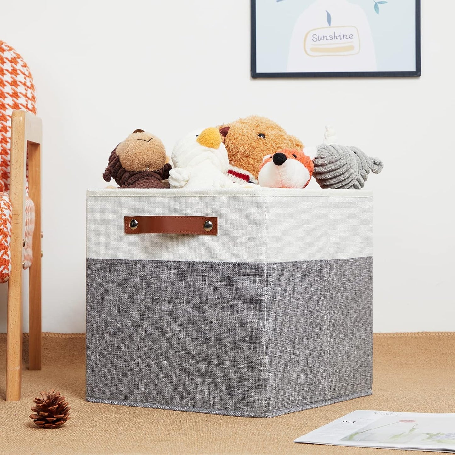 HNZIGE Fabric Storage Cubes 12x12 Cube Storage Bins, Set of 4, Decorative Cube Organizers Bins for Shelves with Handles,Foldable Bins for Cube Organizer Home Toy Nursery Closet(White Gray)