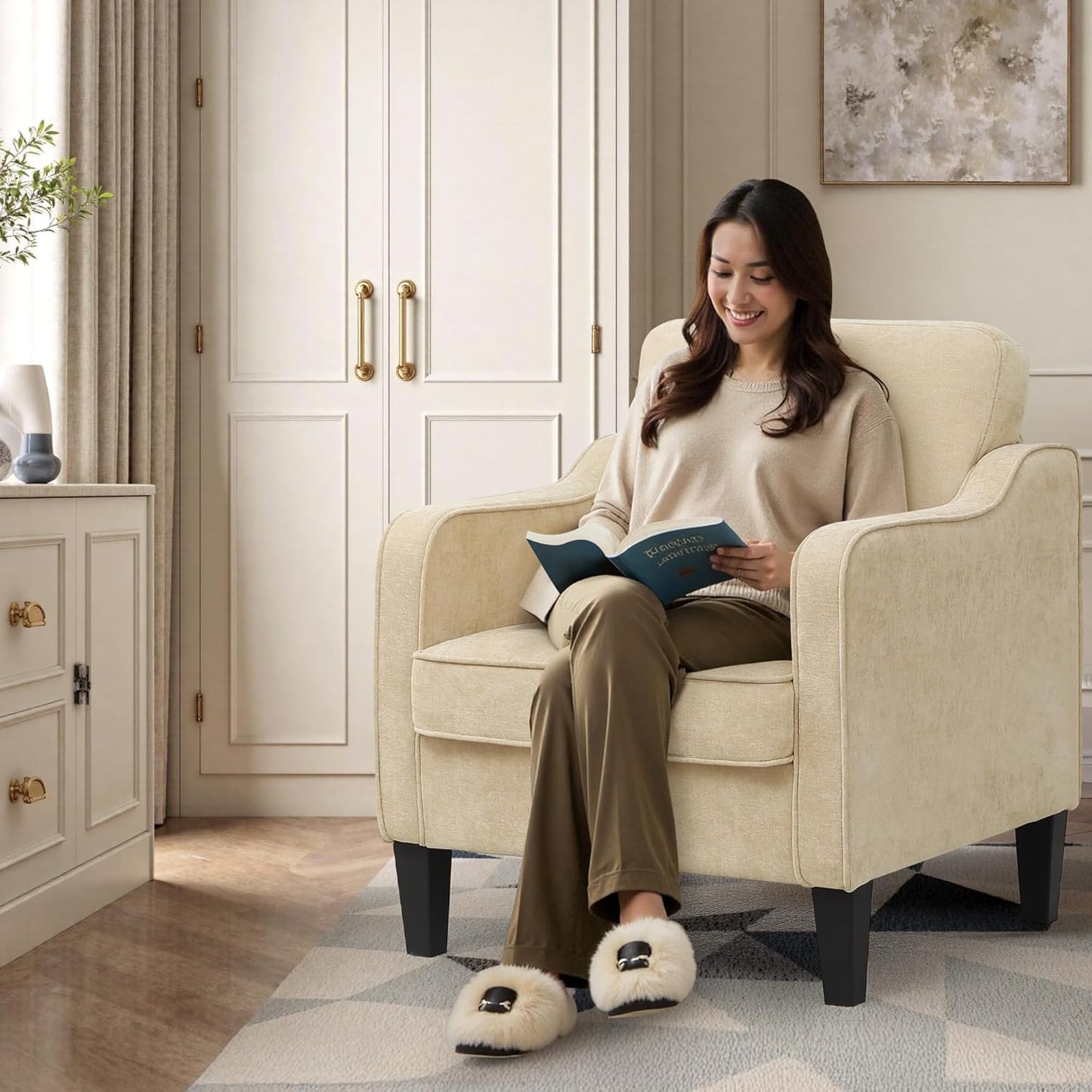 Accent Chairs Set of 2, Upholstered Living Room Chair with Side Pockets, Mid Century Modern Reading Chair for Bedroom, Comfy Armchair Single Sofa Side Chair for Office, Small Room, Light Brown