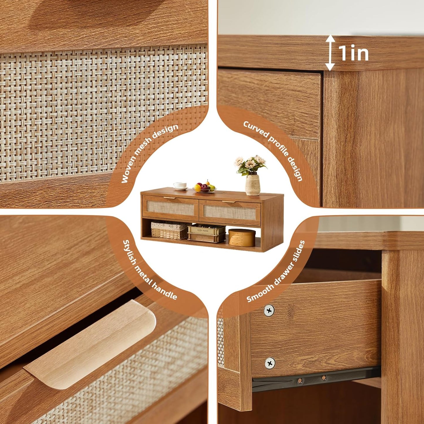 LEYAOYAO 48" Farmhouse Boho Rattan Coffee Table with 2 Woven Drawers,Rectangular Coffee Tables with Hidden Storage Compartment,Curved Profile Design,Wooden Center Table for Living Room,Office,Brown