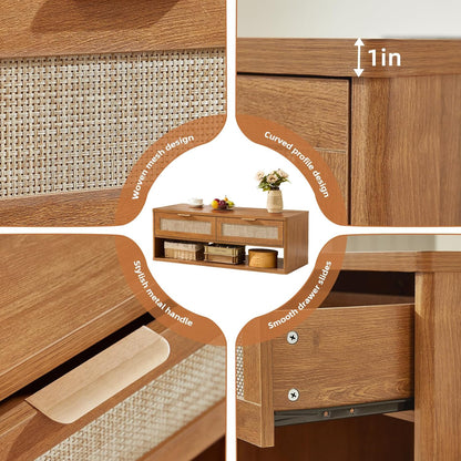 LEYAOYAO 48" Farmhouse Boho Rattan Coffee Table with 2 Woven Drawers,Rectangular Coffee Tables with Hidden Storage Compartment,Curved Profile Design,Wooden Center Table for Living Room,Office,Brown