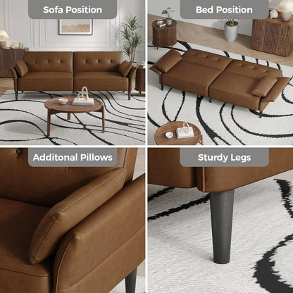 89” Futon Sofa Bed, Faux Leather Futon Couch Bed with 2 Square Pillows, Convertible Sleeper Sofa with Adjustable Backrest& Armrests, Modern Loveseat Sleeper for Living Room, Bedroom, Brown