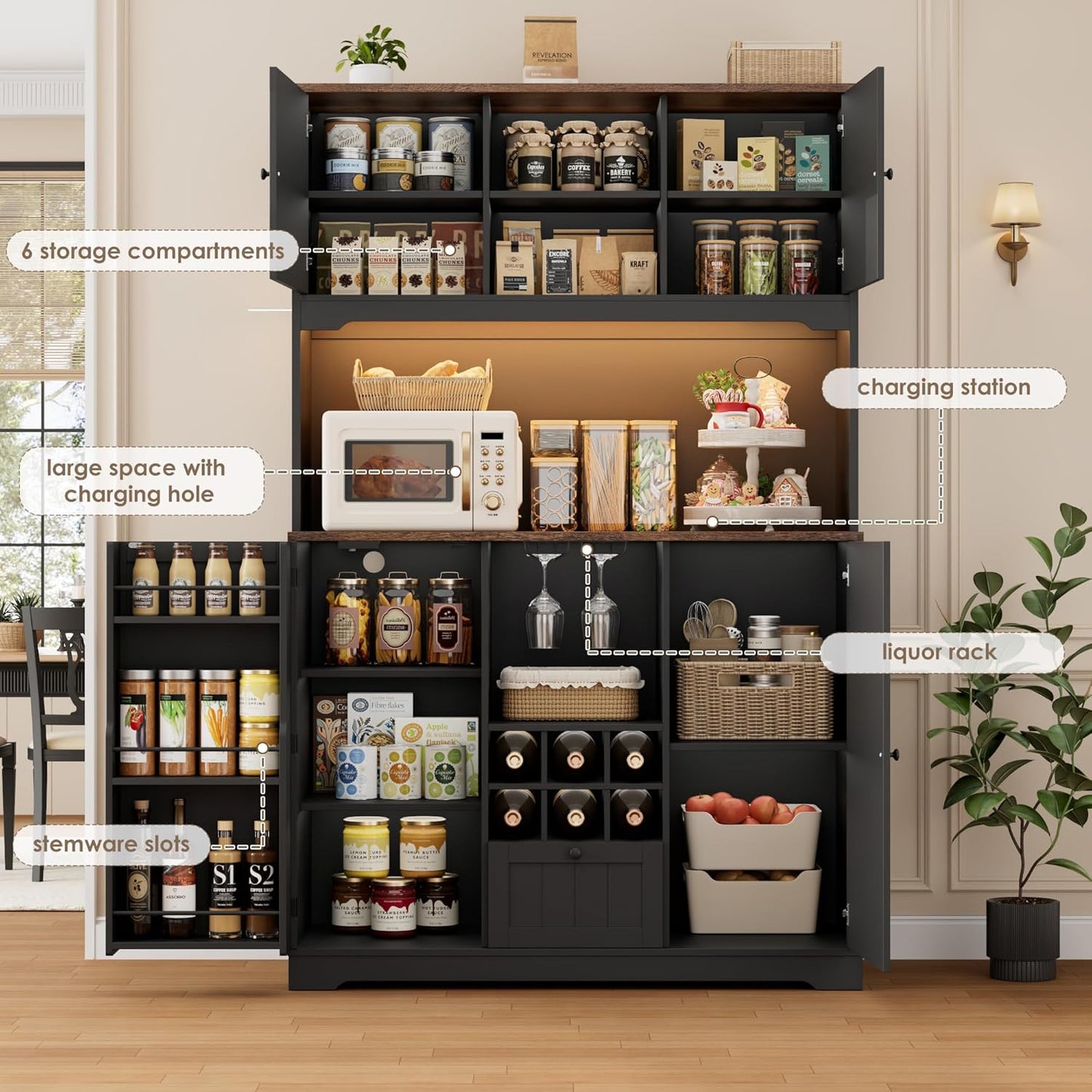 FINETONES 71" Pantry Cabinet with LED Light and Charging Station, Kitchen Pantry Cabinet with Microwave Stand, Kitchen Hutch Food Storage Cabinet with Outlet and Wine Racks, Black