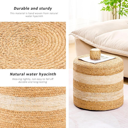 Handwoven Ottoman Pouf, Natural Water Hyacinth Footstool, Round Braided Outdoor Seat with Sturdy Frame, Boho Accent Stool for Patio, Balcony, or Garden (White)