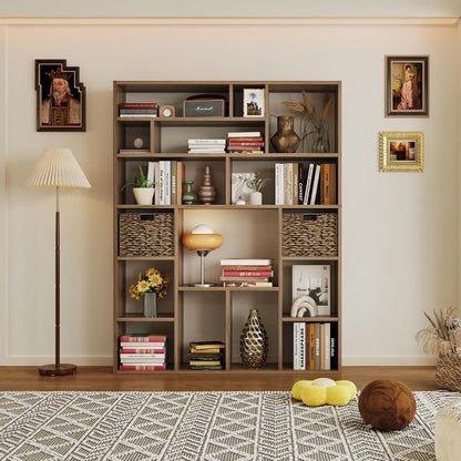 71” Tall Wooden Bookcase 6-Tier Large Bookshelves with 2 Woven Baskets, 55" Wide Floor Standing Wood Display Organizer Shelves for Living Room（Brown）