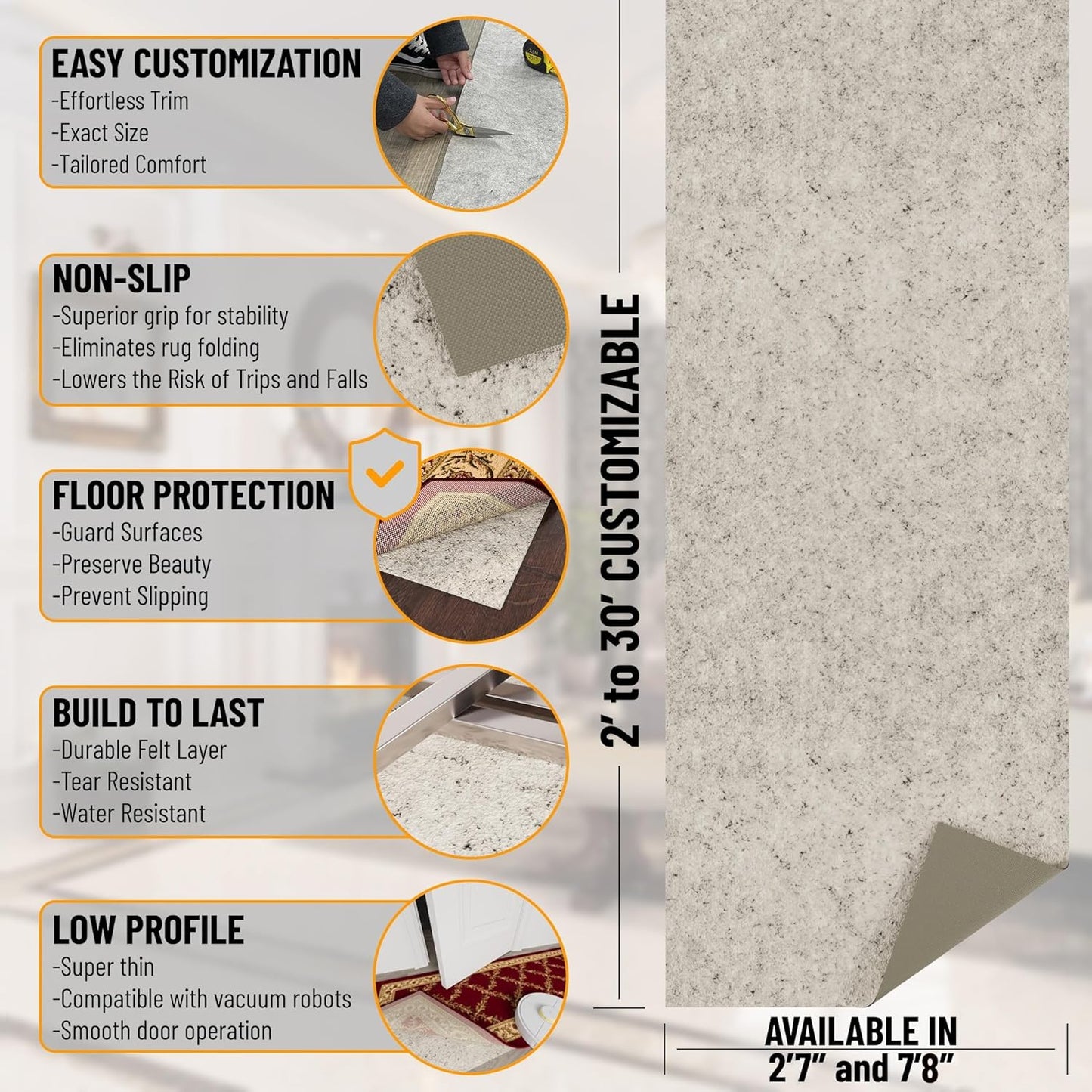 Ottomanson 6' x 7'8" Non-Slip Rug Pad Gripper 1/12 Inch Ultra Thin Dual Surface Felt + Rubber Gripper - Safe for All Floors, Cream