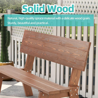 AVAWING Outdoor Convertible Wood Bench with Backrest, Patio Wood Convert a Bench, Space-Saving 2-in-1 Picnic Table Chairs Set for Backyard, Porch, Patio, Garden, Brown