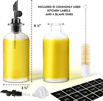 Olive Oil Dispenser Bottle - Includes 55 Kitchen Essential Labels - Cooking Oil Bottles for Kitchen, Coffee Syrup Dispenser - Pourer Spout with 11.8 fl oz Glass Container Cruet - 2pcs, Black